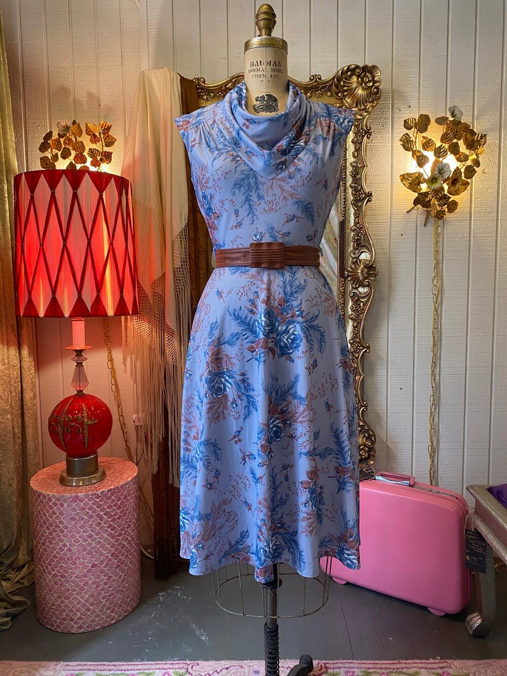 vintage 1970s blue fit and flare dress, cowl neck, botanical, floral, full skirt